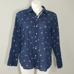 NWT Talbots Navy Blue Novelty Print Sunglasses Palm Tree Button Up Large Petite